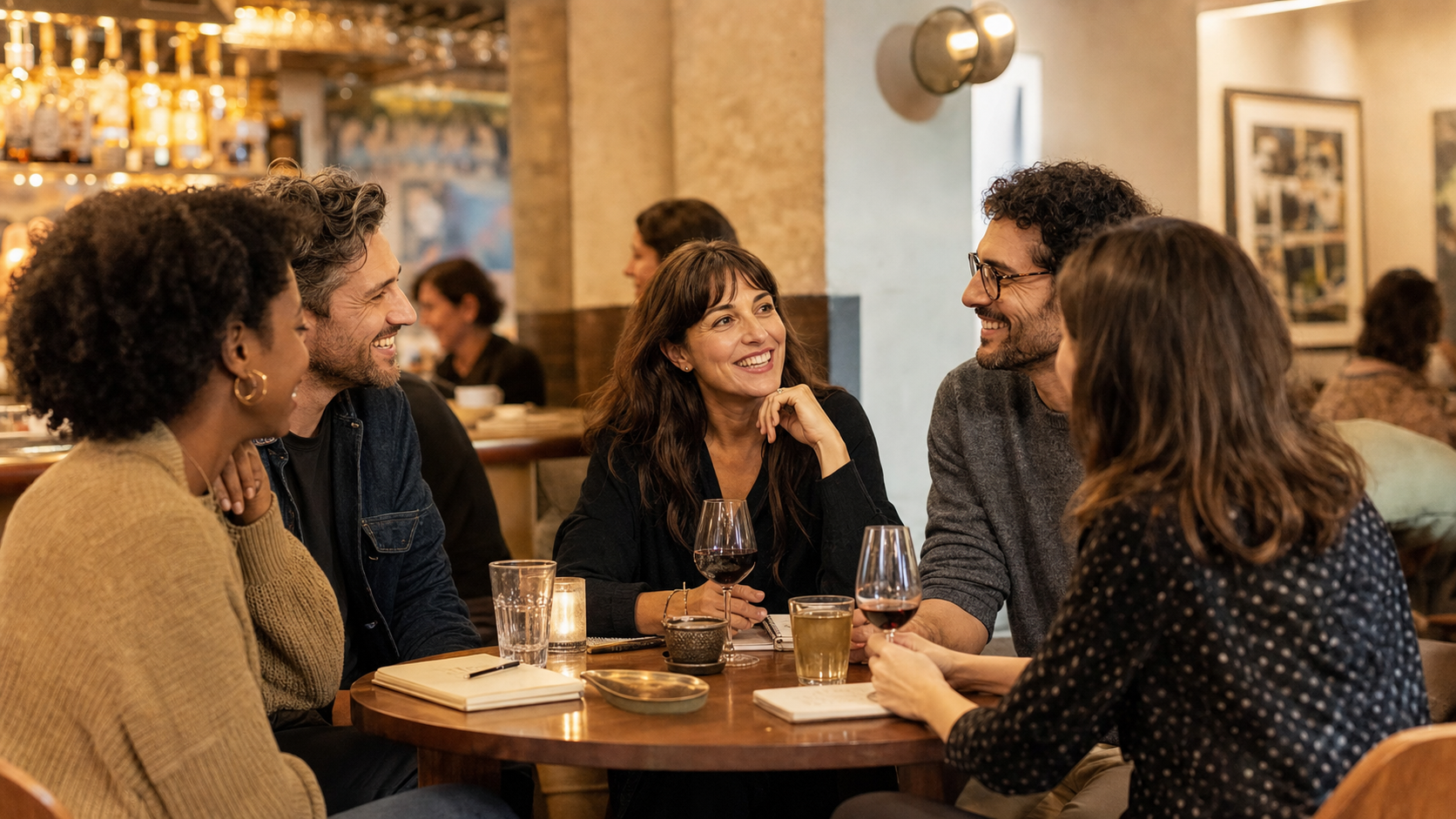 Pessoas conversando em mesa de bar após mini palestra
